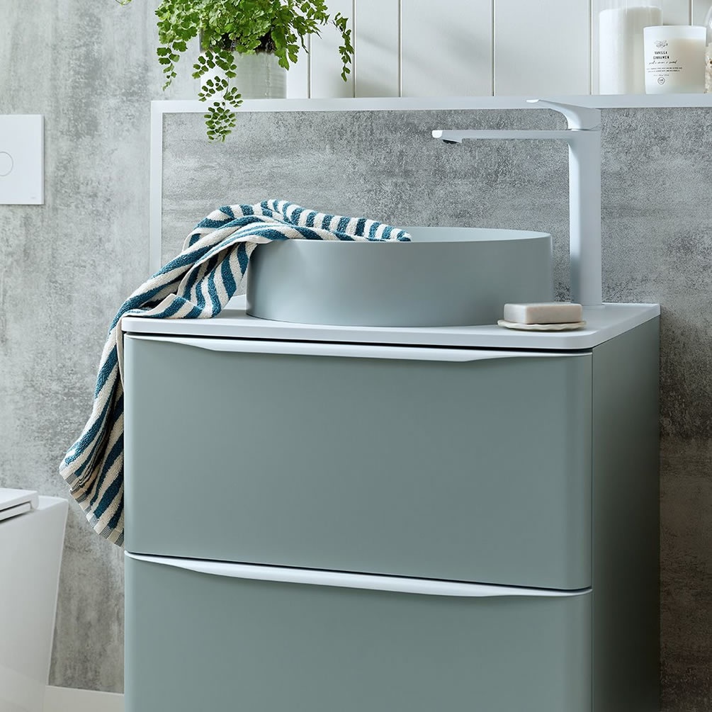 Vado Cameo 600mm Cove Blue Wall Hung 2 Drawer Vanity Unit, Worktop & Basin - Lifestyle